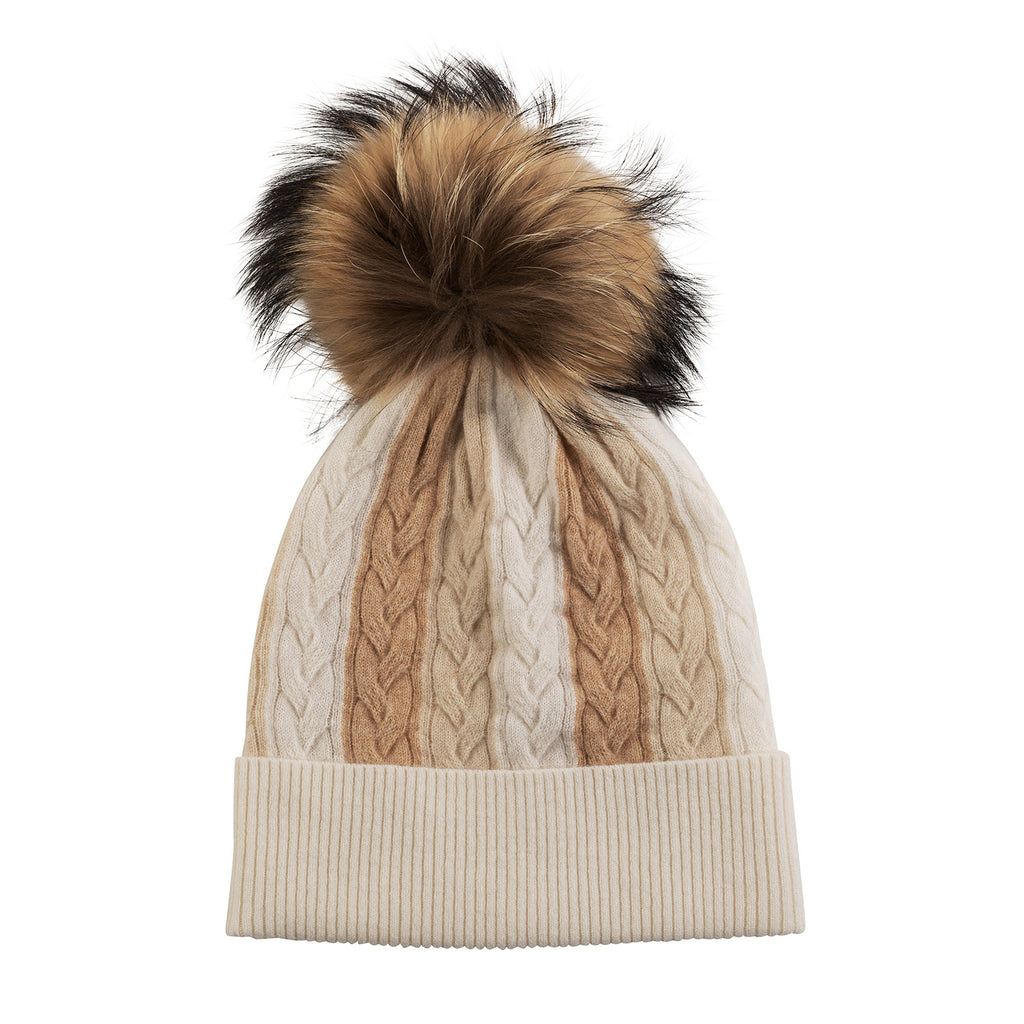 Knightsbridge Cable Beanie in Natural with Racoon Fur removable bobble - Adeela Salehjee