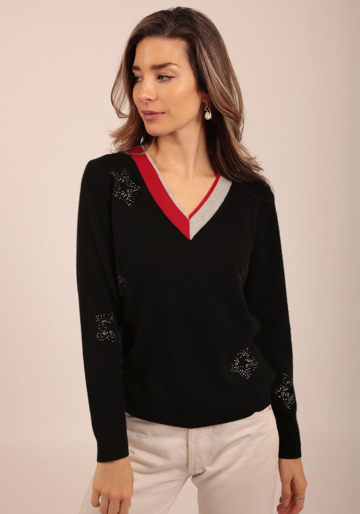 Finchley Vee Neck in Black with contrast Neck Trim & Crystal Stars - Adeela Salehjee