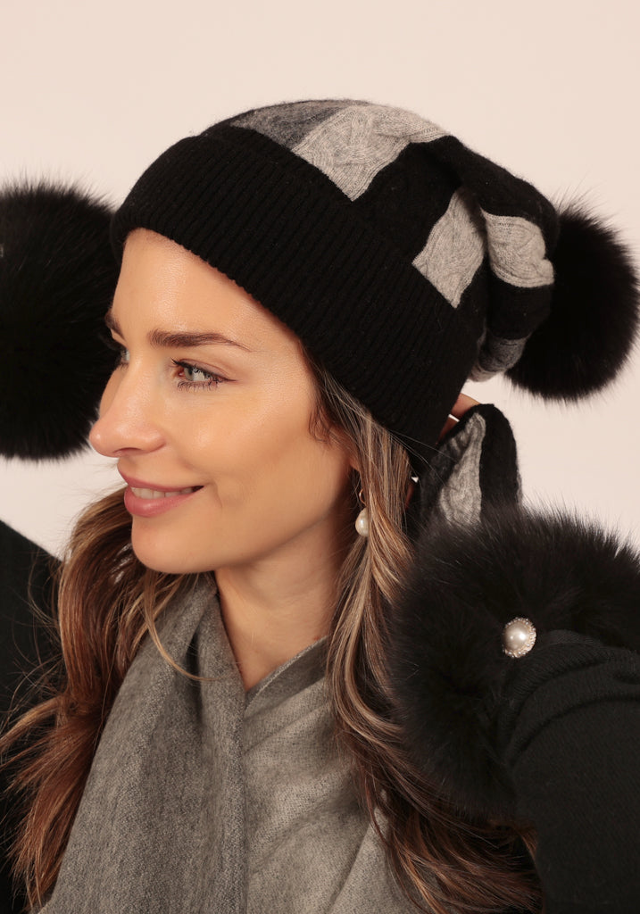 Knightsbridge Cable Beanie in Black with Fox Fur removable bobble - Adeela Salehjee