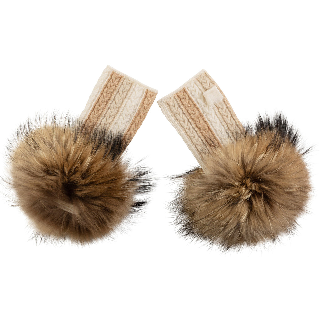 Fulham Cable Mittens in Natural  with Raccoon Fur cuffs - Adeela Salehjee