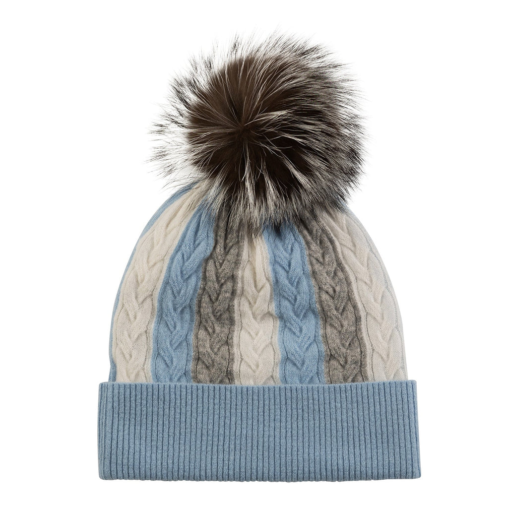 Knightsbridge Cable Beanie in Light Blue with Silver Fox Fur bobble - Adeela Salehjee