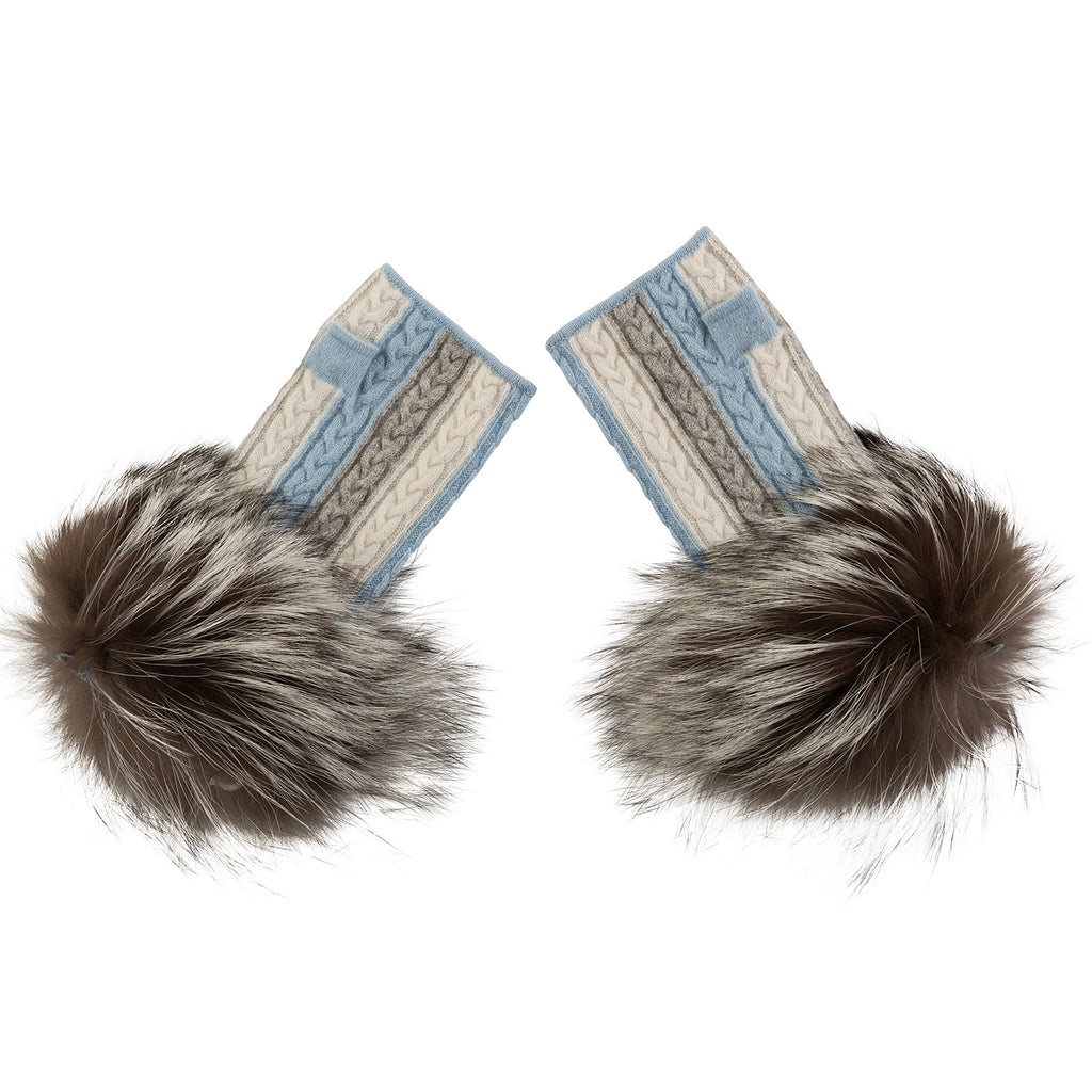 Fulham Cable Mittens in Light Blue with Silver Fox Fur cuff - Adeela Salehjee