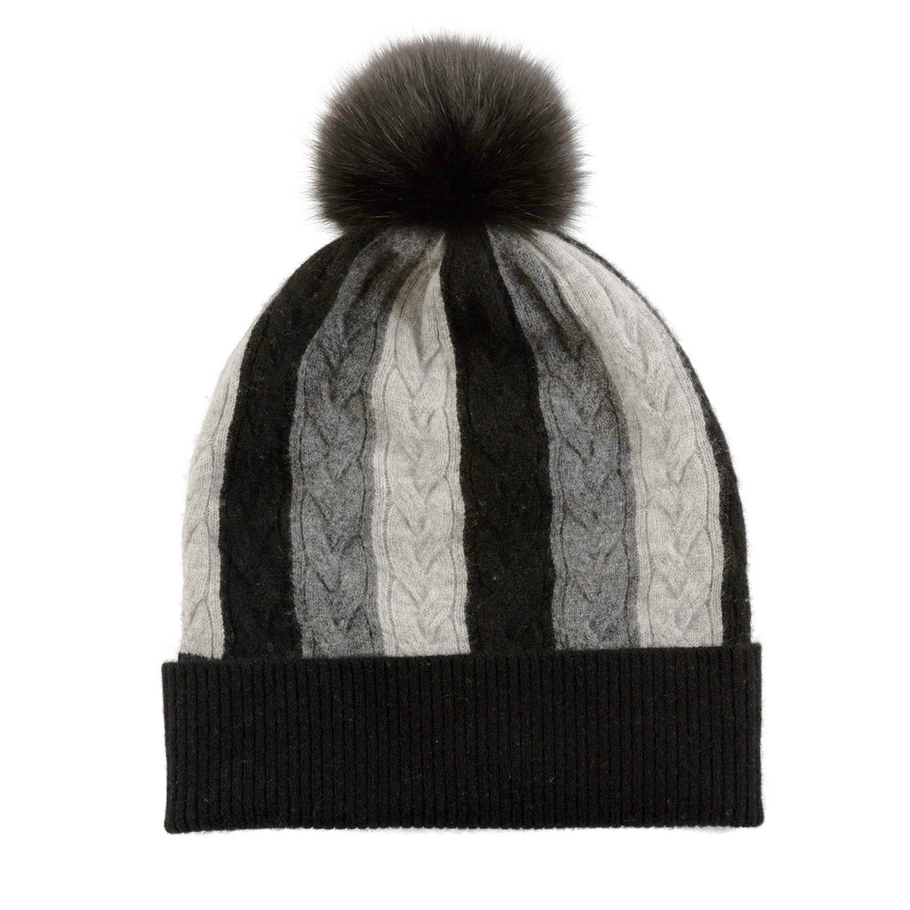 Knightsbridge Cable Beanie in Black with Fox Fur removable bobble - Adeela Salehjee