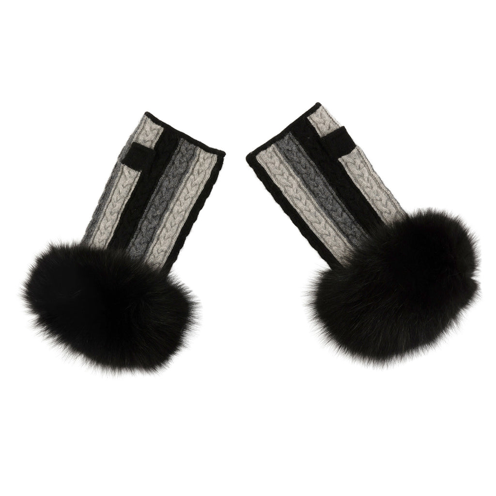 Fulham Cable Mittens in Black with Fox fur cuff - Adeela Salehjee