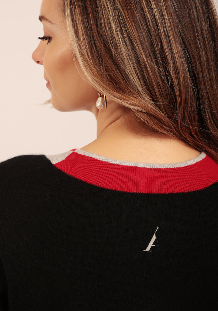 Finchley Vee Neck in Black with Contrast Neck Trim - Adeela Salehjee