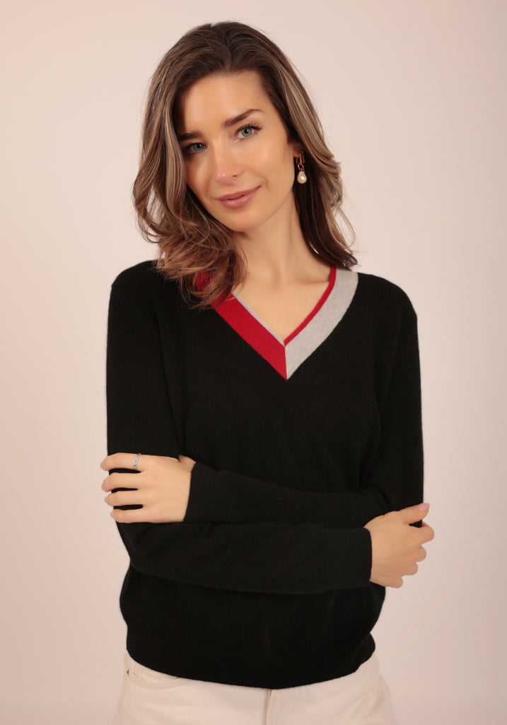 Finchley Vee Neck in Black with Contrast Neck Trim - Adeela Salehjee