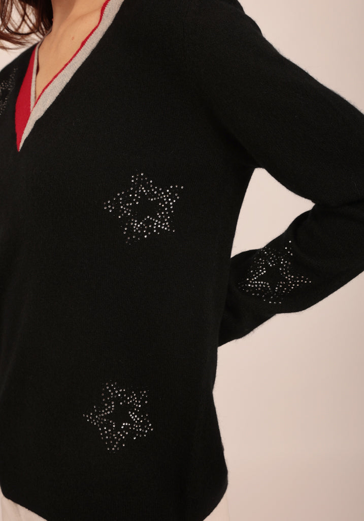 Finchley Vee Neck in Black with contrast Neck Trim & Crystal Stars - Adeela Salehjee