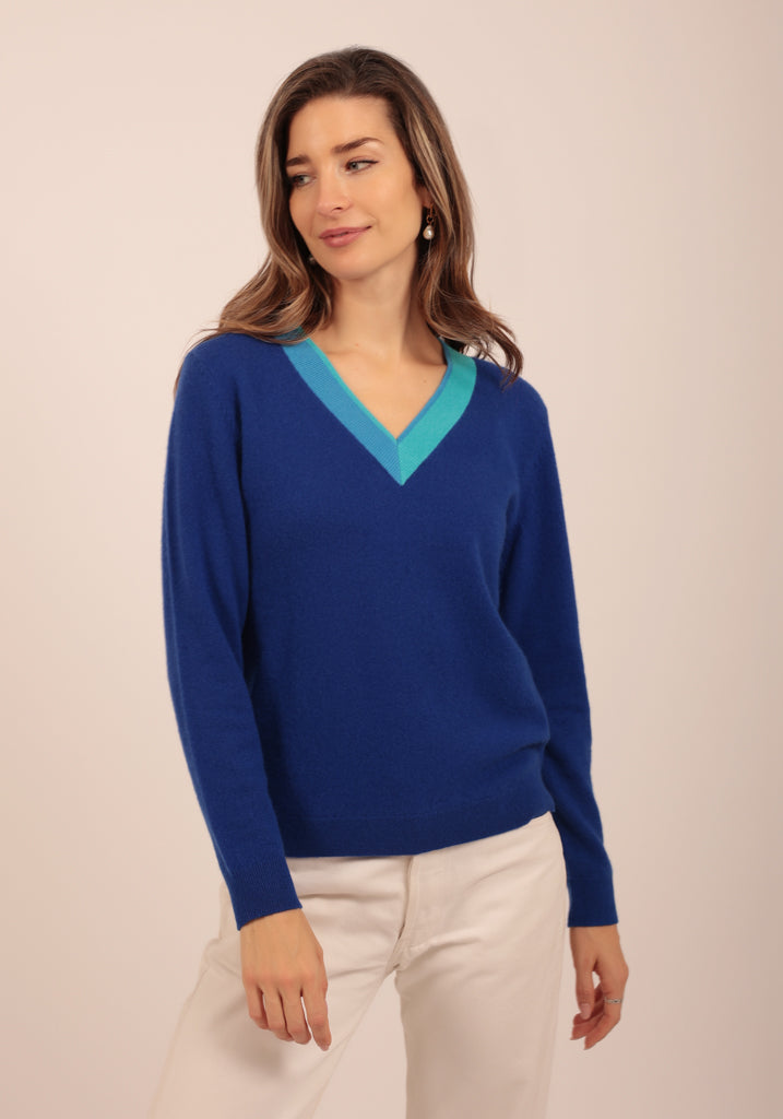 Finchley Vee in Bright Blue with contrast Neck Trim - Adeela Salehjee