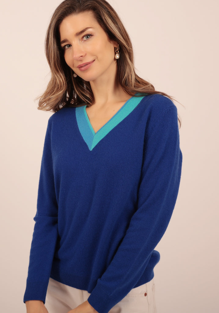 Finchley Vee in Bright Blue with contrast Neck Trim - Adeela Salehjee