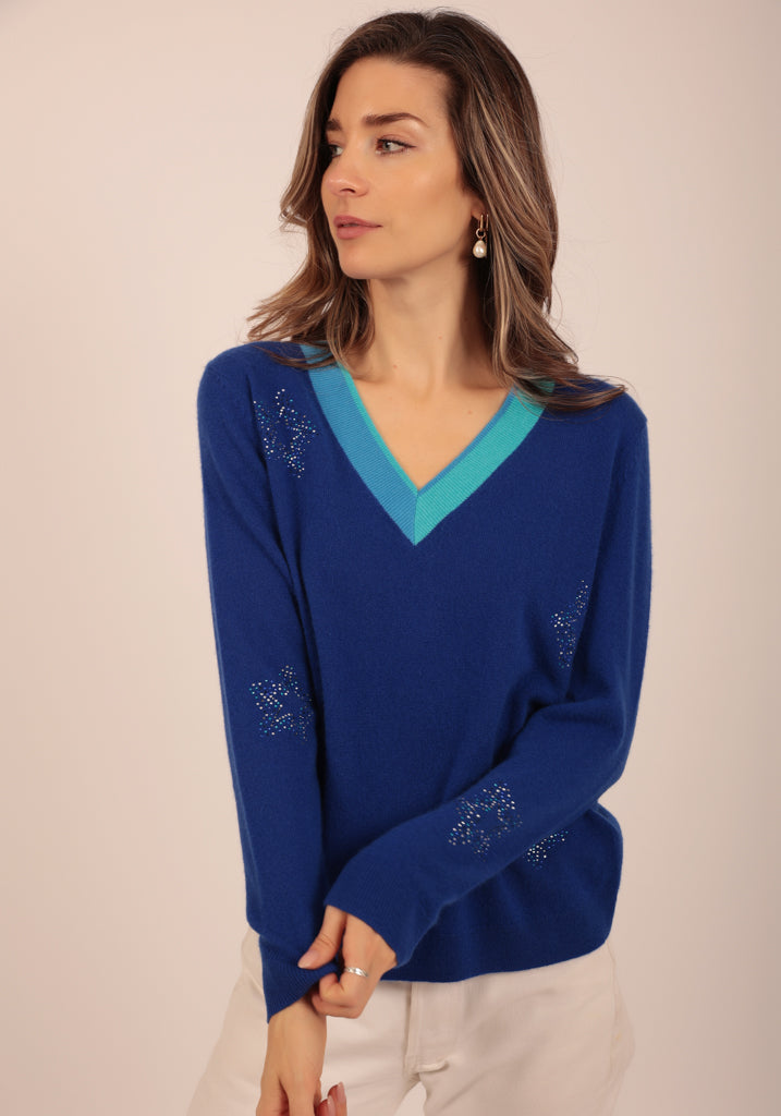 Finchley Vee in Bright Blue with contrast Neck Trim & Crystal Stars - Adeela Salehjee