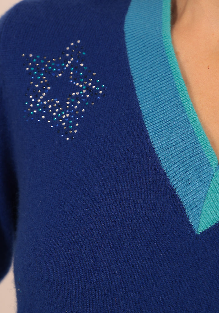Finchley Vee in Bright Blue with contrast Neck Trim & Crystal Stars - Adeela Salehjee