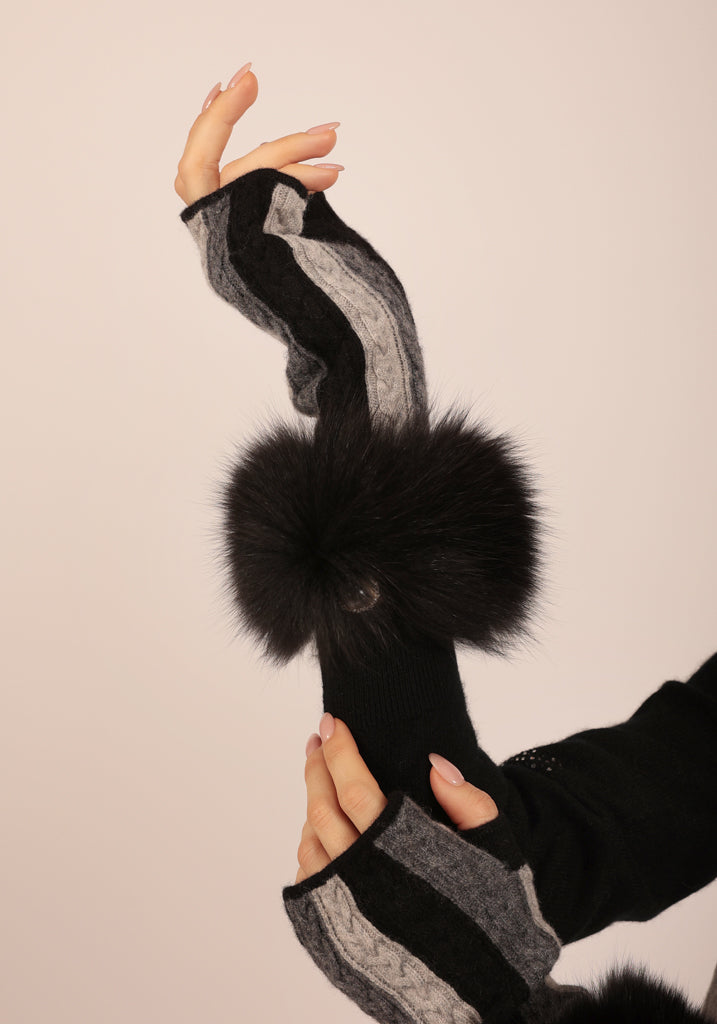 Fulham Cable Mittens in Black with Fox fur cuff - Adeela Salehjee