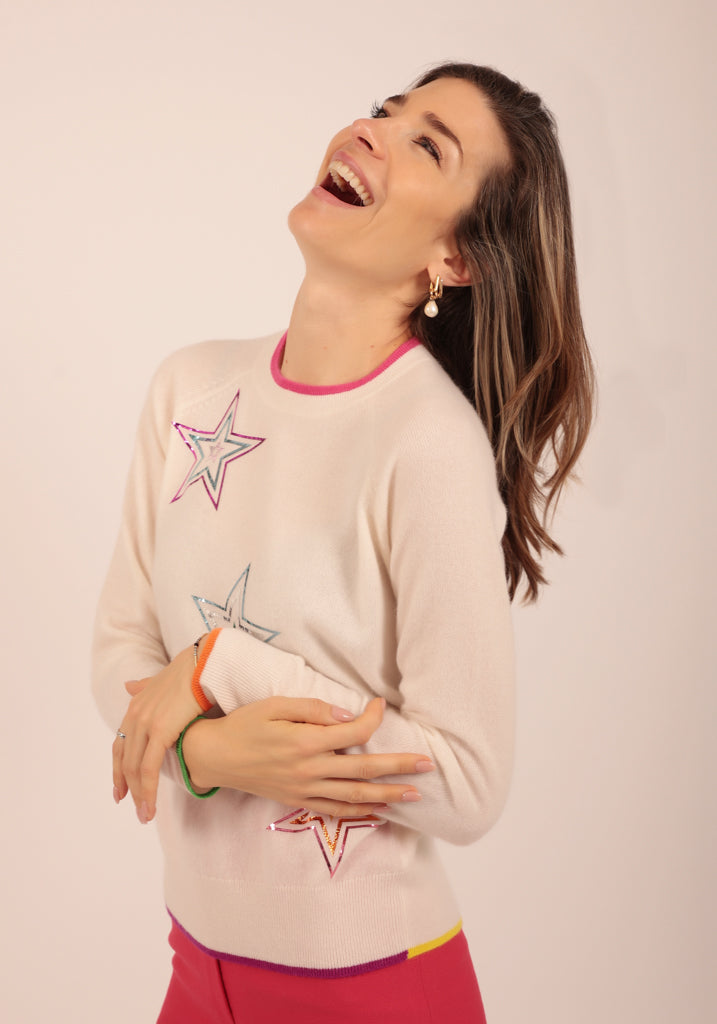 Hendon Natural Crew Neck with Big Foil Stars - Adeela Salehjee