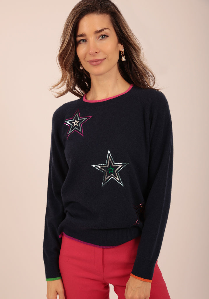 Hendon Dark Navy Crew Neck with Big Foil Stars - Adeela Salehjee