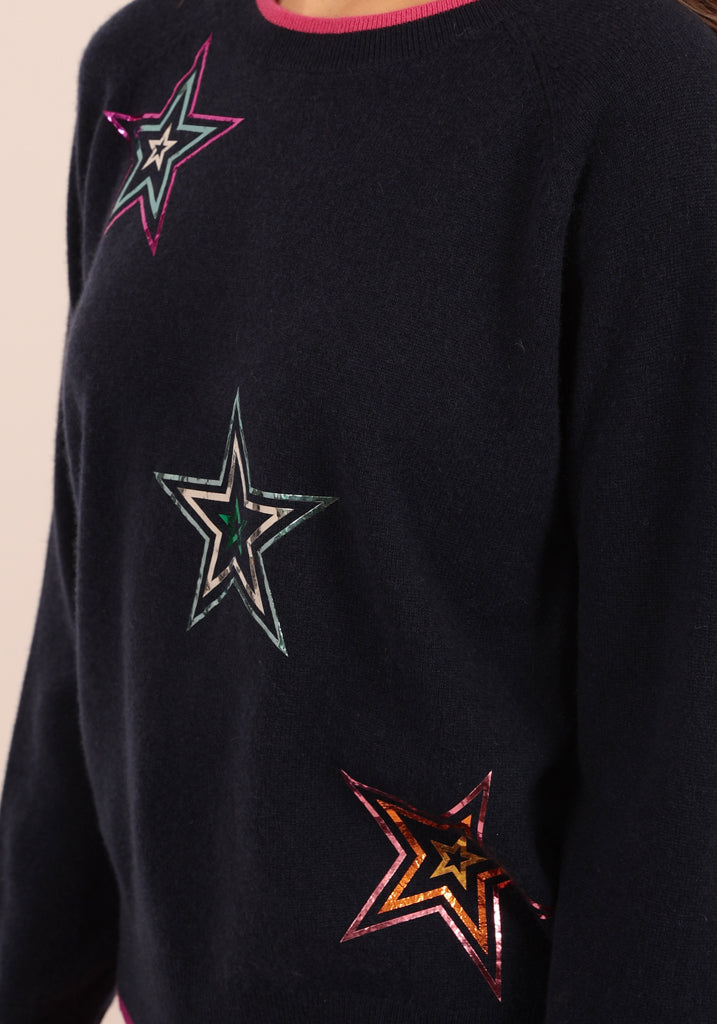 Hendon Dark Navy Crew Neck with Big Foil Stars - Adeela Salehjee