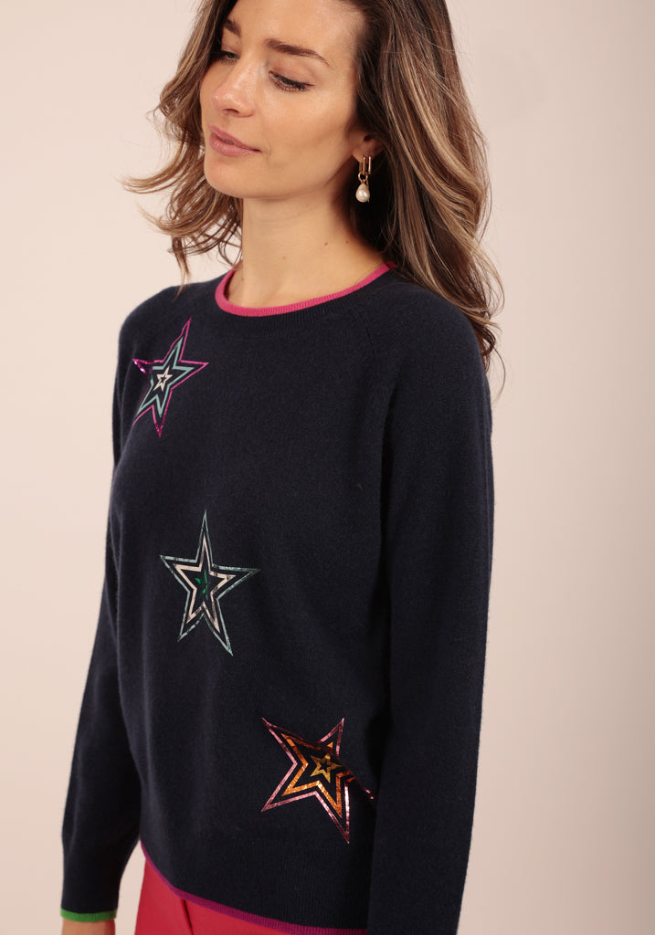 Hendon Dark Navy Crew Neck with Big Foil Stars - Adeela Salehjee