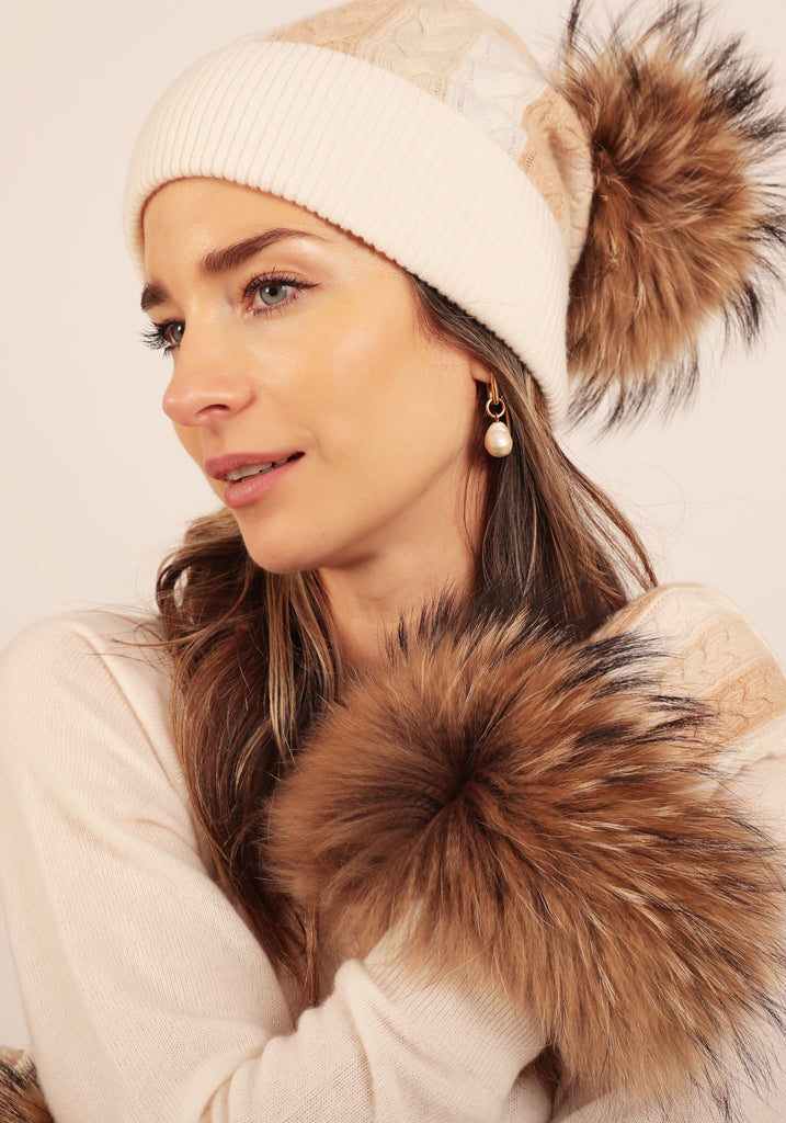 Knightsbridge Cable Beanie in Natural with Racoon Fur removable bobble - Adeela Salehjee