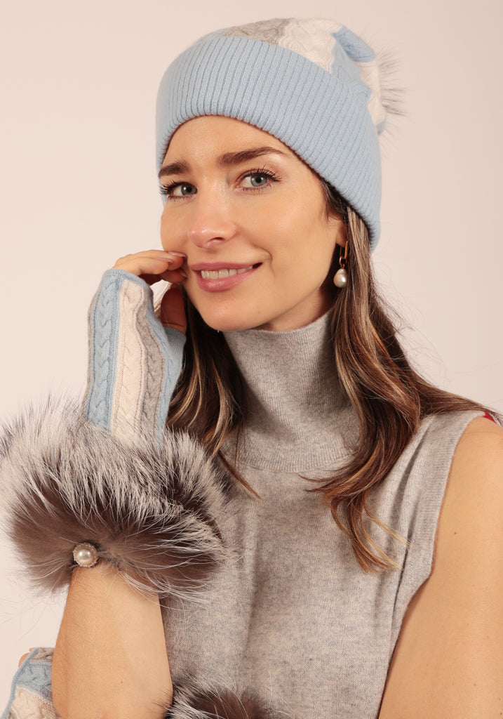 Knightsbridge Cable Beanie in Light Blue with Silver Fox Fur bobble - Adeela Salehjee