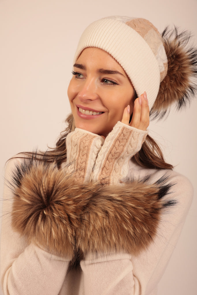 Fulham Cable Mittens in Natural  with Raccoon Fur cuffs - Adeela Salehjee
