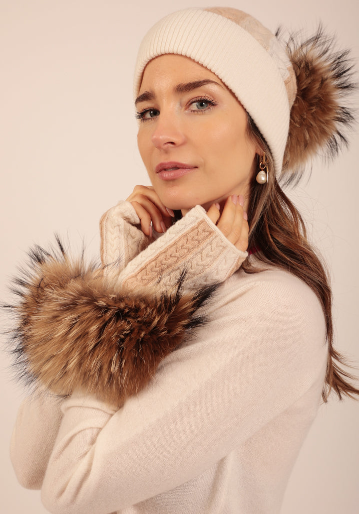 Fulham Cable Mittens in Natural  with Raccoon Fur cuffs - Adeela Salehjee