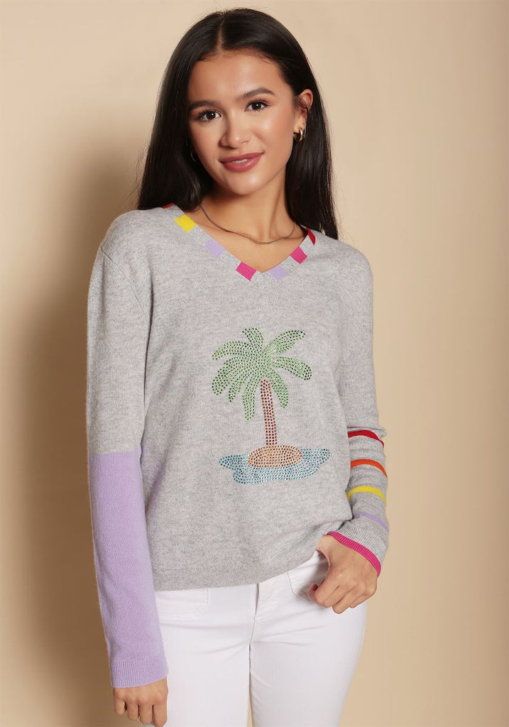 Nottinghill Vee Neck in Mid Grey with Palm Tree - Adeela Salehjee