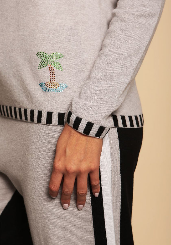 Westbourne Crewneck in Light Grey with Palm Tree - Adeela Salehjee