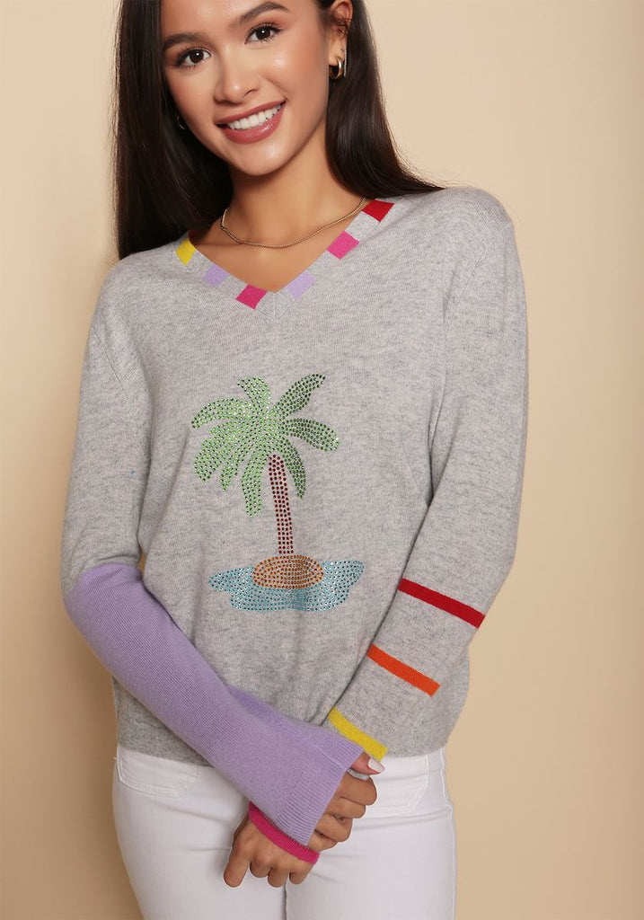 Nottinghill Vee Neck in Mid Grey with Palm Tree - Adeela Salehjee