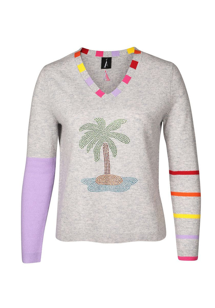 Nottinghill Vee Neck in Mid Grey with Palm Tree - Adeela Salehjee